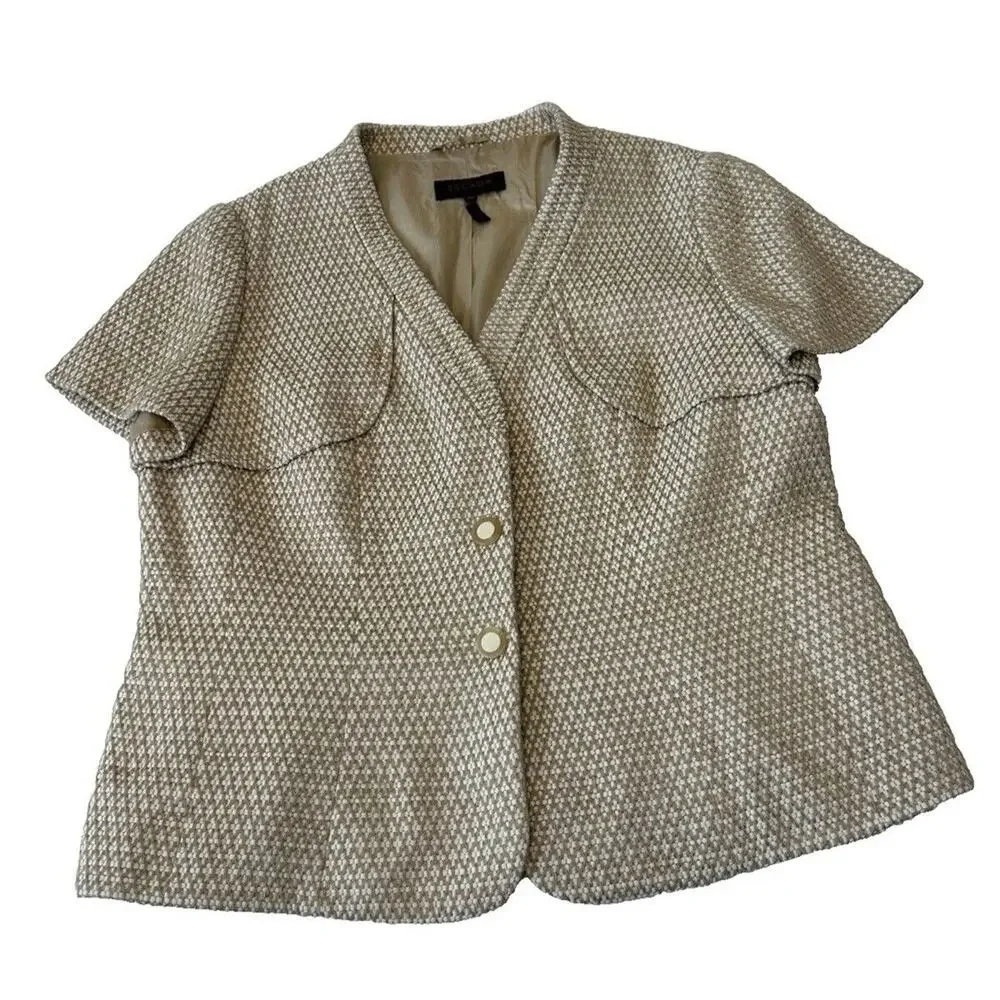 Escada Tweed Jacket Sz 46 or US 12/14 Beige Lined Short Sleeve Snap Buttons - Picture 1 of 7